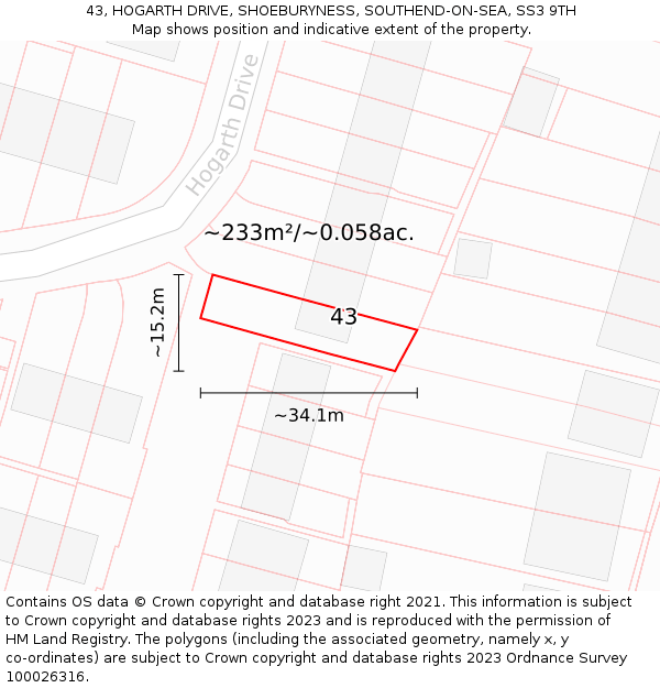 43, HOGARTH DRIVE, SHOEBURYNESS, SOUTHEND-ON-SEA, SS3 9TH: Plot and title map