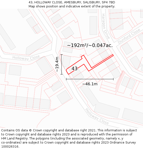 43, HOLLOWAY CLOSE, AMESBURY, SALISBURY, SP4 7BD: Plot and title map