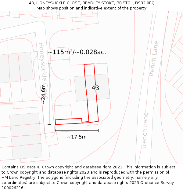 43, HONEYSUCKLE CLOSE, BRADLEY STOKE, BRISTOL, BS32 0EQ: Plot and title map
