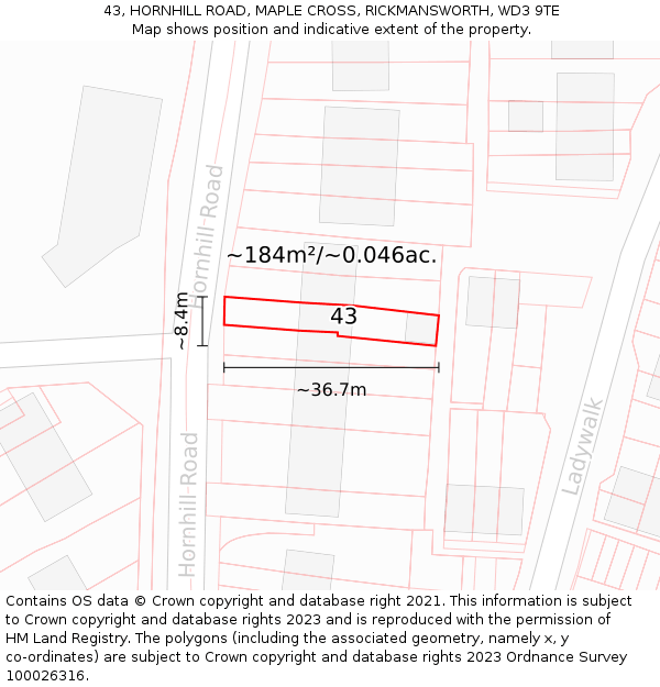 43, HORNHILL ROAD, MAPLE CROSS, RICKMANSWORTH, WD3 9TE: Plot and title map