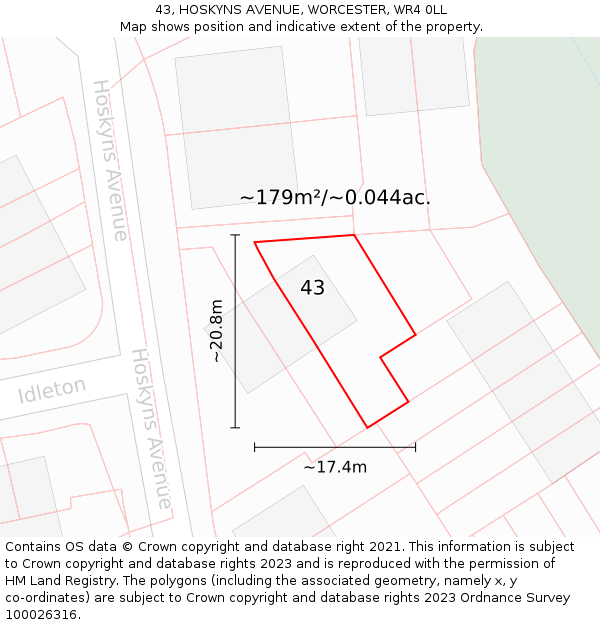 43, HOSKYNS AVENUE, WORCESTER, WR4 0LL: Plot and title map