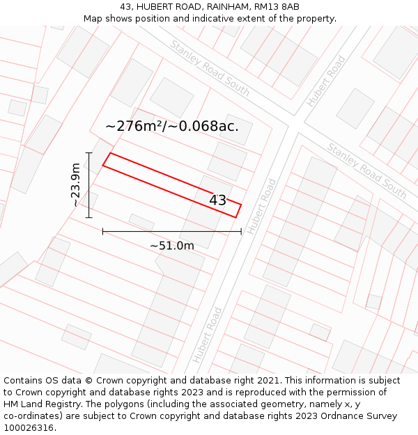 43, HUBERT ROAD, RAINHAM, RM13 8AB: Plot and title map