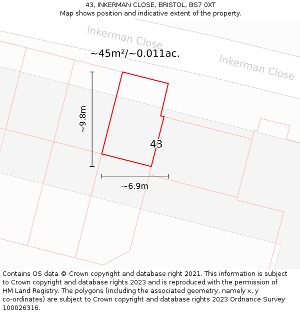 43, INKERMAN CLOSE, BRISTOL, BS7 0XT: Plot and title map
