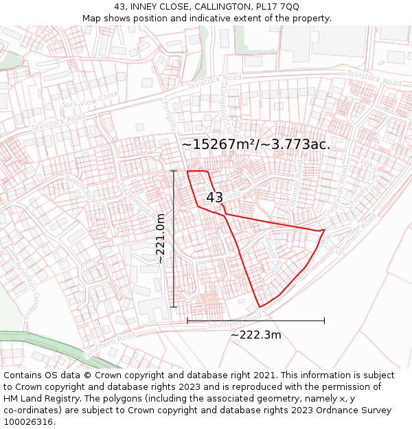 43, INNEY CLOSE, CALLINGTON, PL17 7QQ: Plot and title map