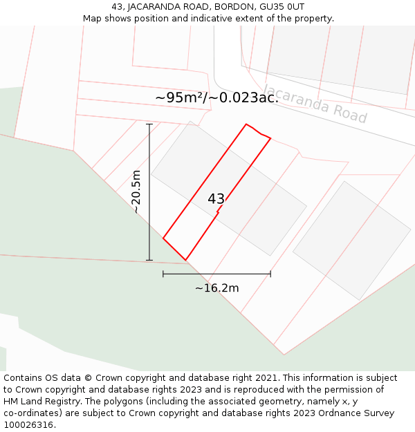 43, JACARANDA ROAD, BORDON, GU35 0UT: Plot and title map