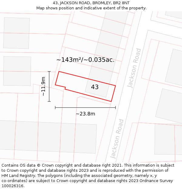 43, JACKSON ROAD, BROMLEY, BR2 8NT: Plot and title map