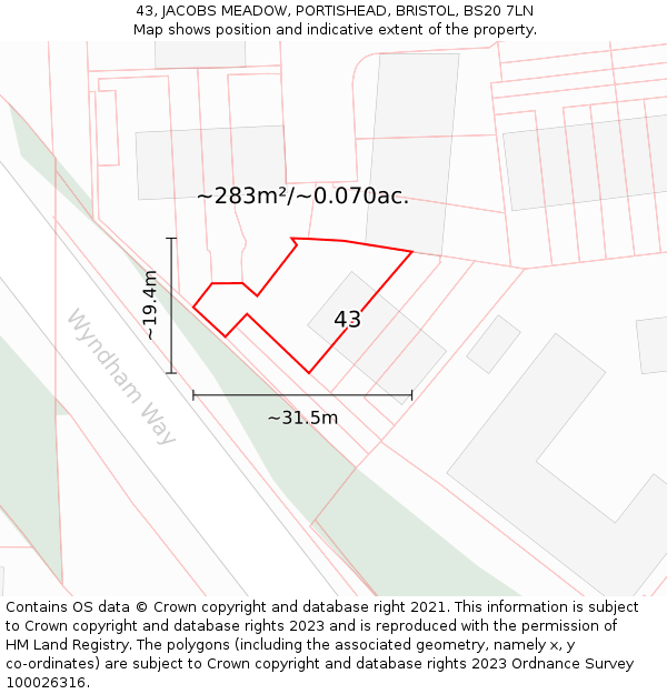 43, JACOBS MEADOW, PORTISHEAD, BRISTOL, BS20 7LN: Plot and title map