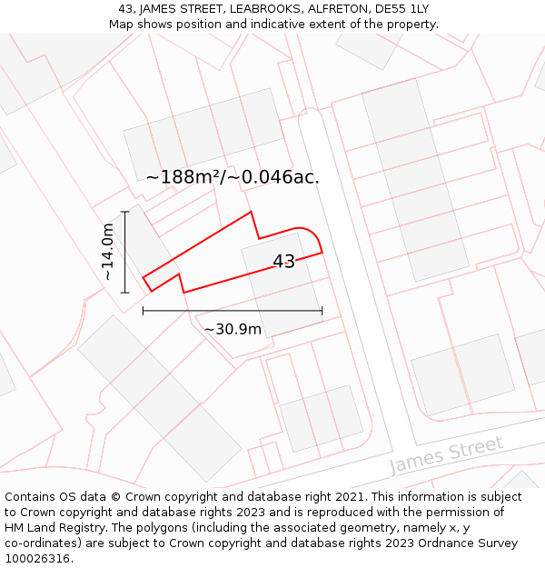 43, JAMES STREET, LEABROOKS, ALFRETON, DE55 1LY: Plot and title map