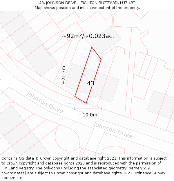 43, JOHNSON DRIVE, LEIGHTON BUZZARD, LU7 4RT: Plot and title map