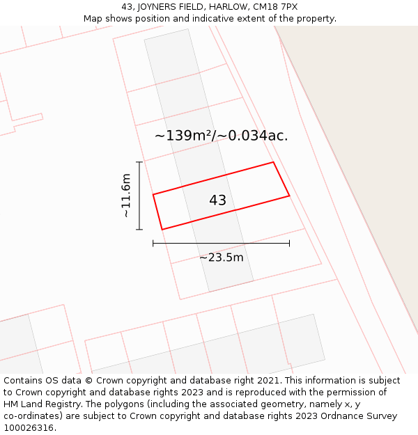 43, JOYNERS FIELD, HARLOW, CM18 7PX: Plot and title map