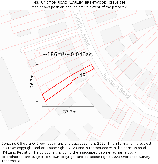 43, JUNCTION ROAD, WARLEY, BRENTWOOD, CM14 5JH: Plot and title map