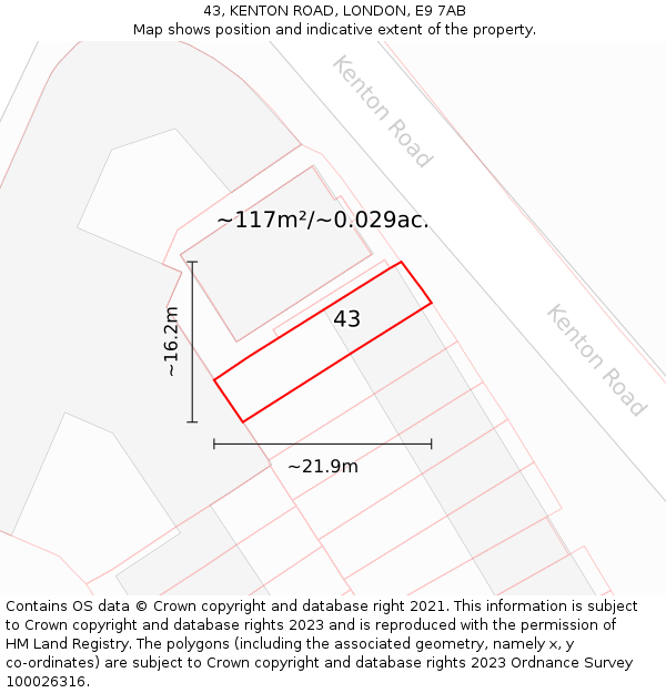 43, KENTON ROAD, LONDON, E9 7AB: Plot and title map