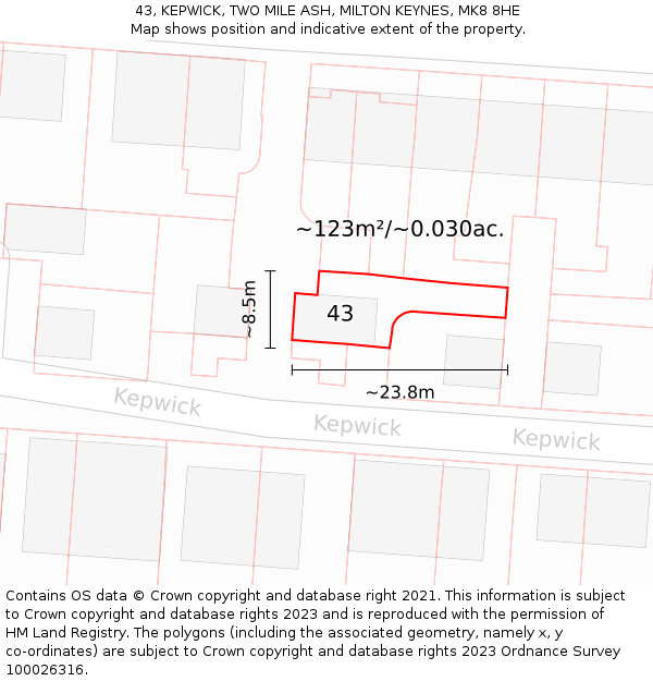 43, KEPWICK, TWO MILE ASH, MILTON KEYNES, MK8 8HE: Plot and title map