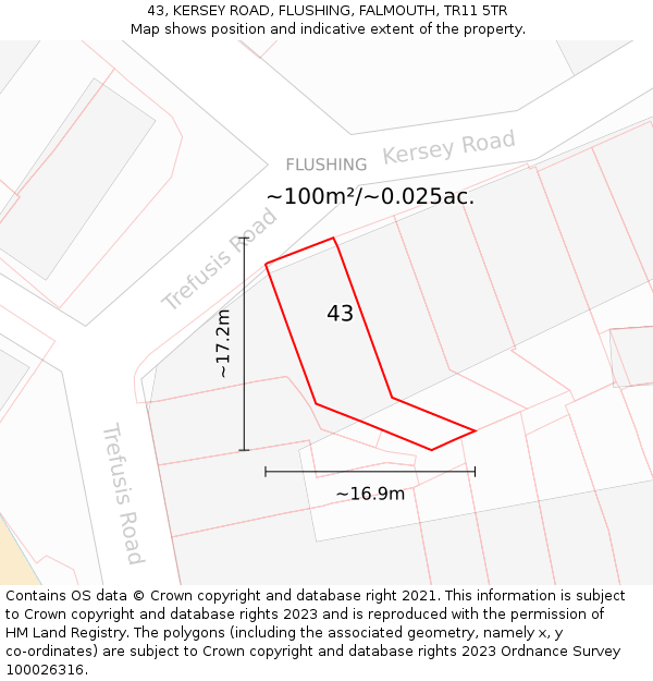 43, KERSEY ROAD, FLUSHING, FALMOUTH, TR11 5TR: Plot and title map