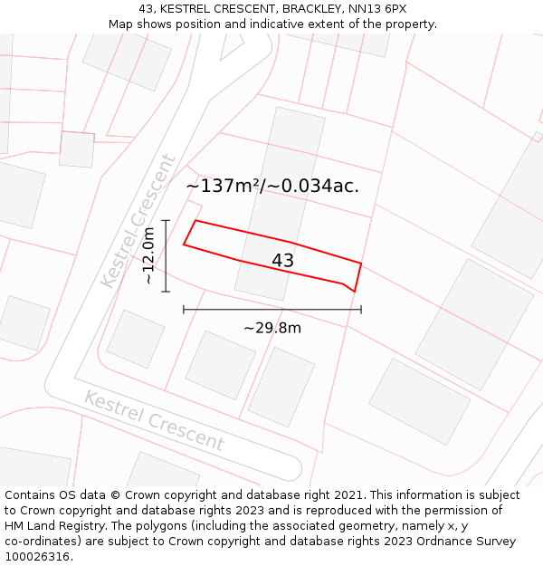 43, KESTREL CRESCENT, BRACKLEY, NN13 6PX: Plot and title map
