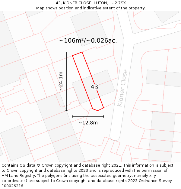 43, KIDNER CLOSE, LUTON, LU2 7SX: Plot and title map