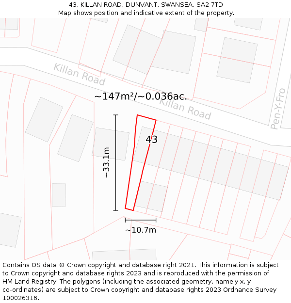 43, KILLAN ROAD, DUNVANT, SWANSEA, SA2 7TD: Plot and title map