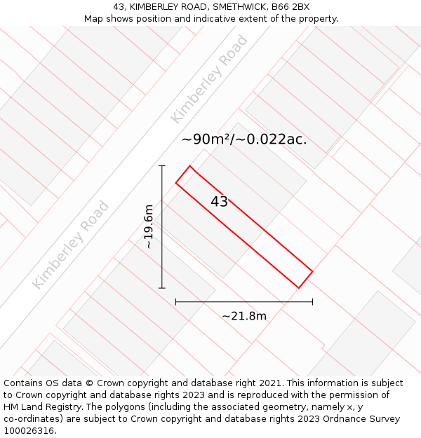 43, KIMBERLEY ROAD, SMETHWICK, B66 2BX: Plot and title map