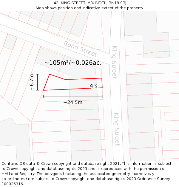 43, KING STREET, ARUNDEL, BN18 9BJ: Plot and title map