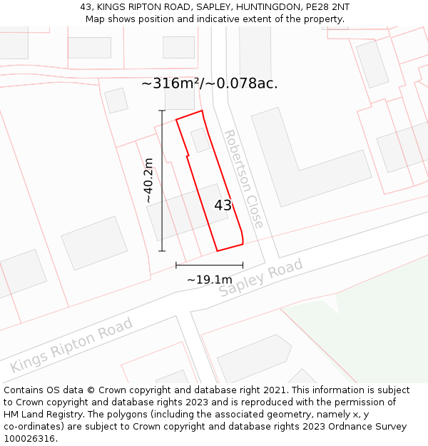 43, KINGS RIPTON ROAD, SAPLEY, HUNTINGDON, PE28 2NT: Plot and title map