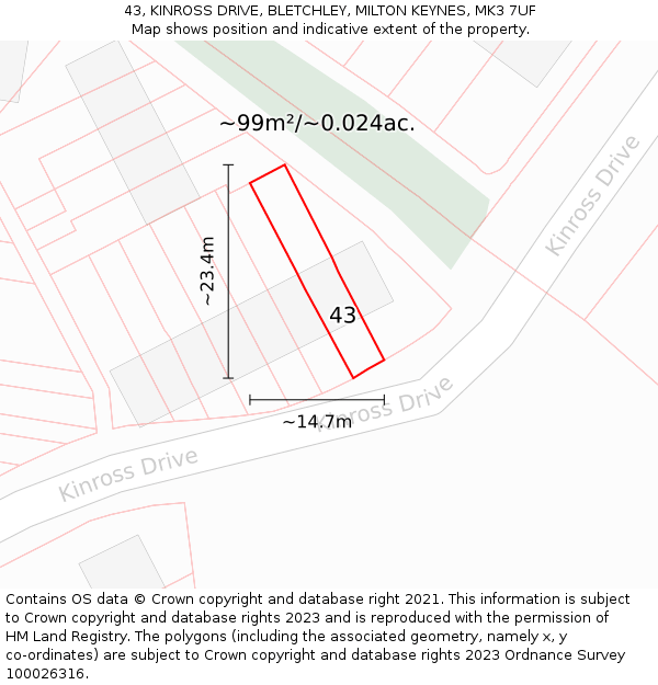 43, KINROSS DRIVE, BLETCHLEY, MILTON KEYNES, MK3 7UF: Plot and title map