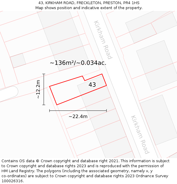 43, KIRKHAM ROAD, FRECKLETON, PRESTON, PR4 1HS: Plot and title map