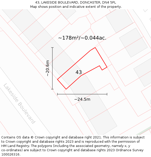 43, LAKESIDE BOULEVARD, DONCASTER, DN4 5PL: Plot and title map