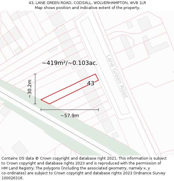 43, LANE GREEN ROAD, CODSALL, WOLVERHAMPTON, WV8 1LR: Plot and title map
