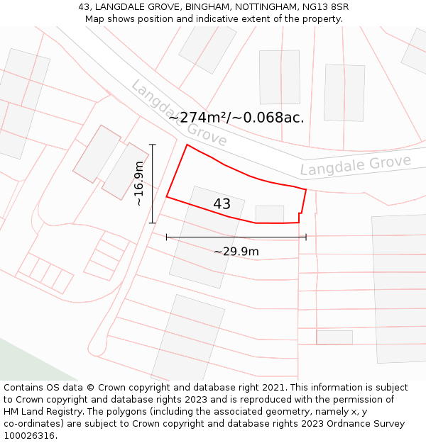 43, LANGDALE GROVE, BINGHAM, NOTTINGHAM, NG13 8SR: Plot and title map