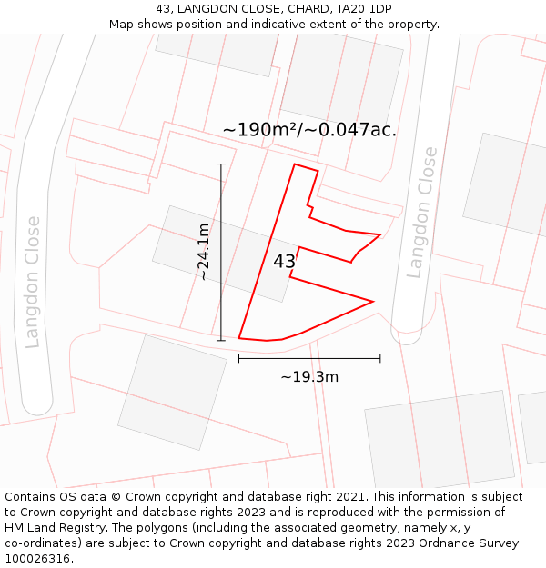 43, LANGDON CLOSE, CHARD, TA20 1DP: Plot and title map