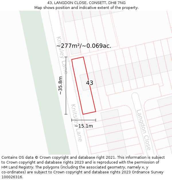 43, LANGDON CLOSE, CONSETT, DH8 7NG: Plot and title map