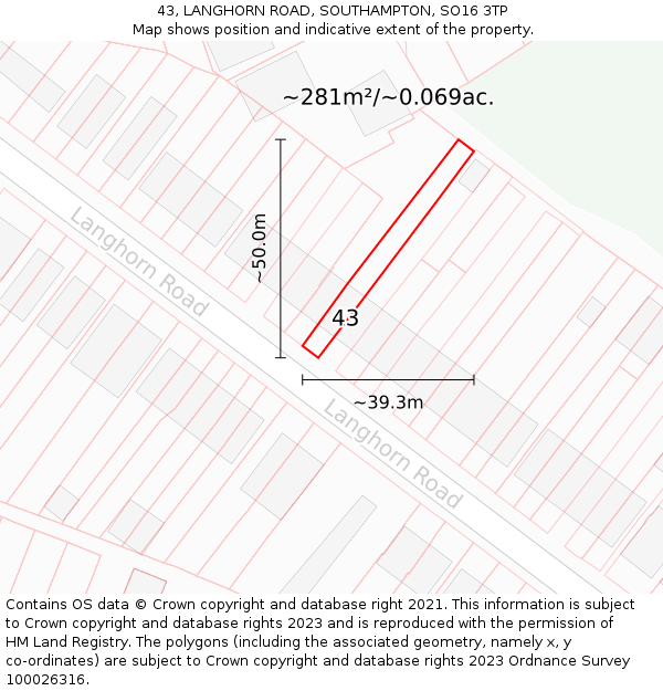 43, LANGHORN ROAD, SOUTHAMPTON, SO16 3TP: Plot and title map
