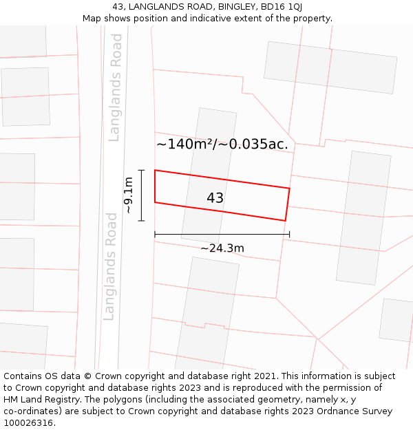 43, LANGLANDS ROAD, BINGLEY, BD16 1QJ: Plot and title map