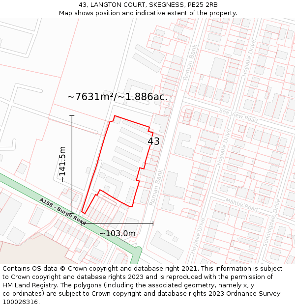 43, LANGTON COURT, SKEGNESS, PE25 2RB: Plot and title map