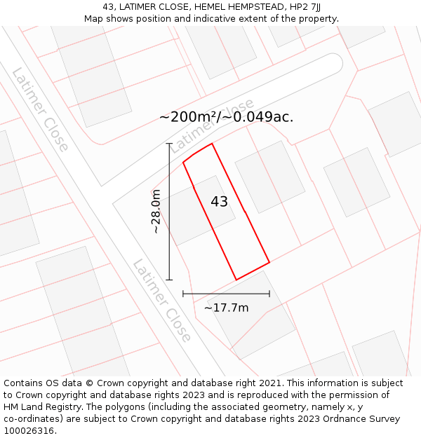 43, LATIMER CLOSE, HEMEL HEMPSTEAD, HP2 7JJ: Plot and title map