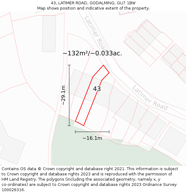 43, LATIMER ROAD, GODALMING, GU7 1BW: Plot and title map