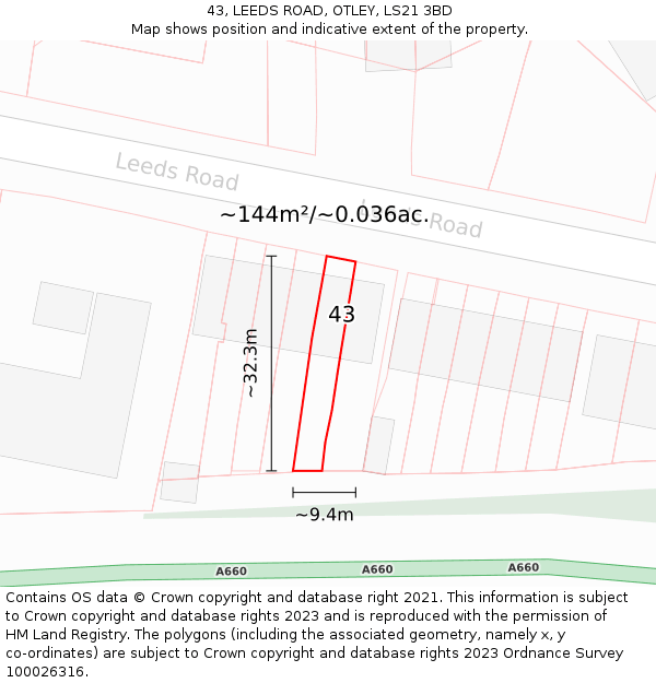 43, LEEDS ROAD, OTLEY, LS21 3BD: Plot and title map