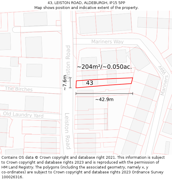 43, LEISTON ROAD, ALDEBURGH, IP15 5PP: Plot and title map