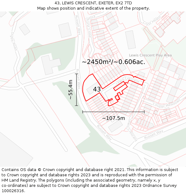43, LEWIS CRESCENT, EXETER, EX2 7TD: Plot and title map