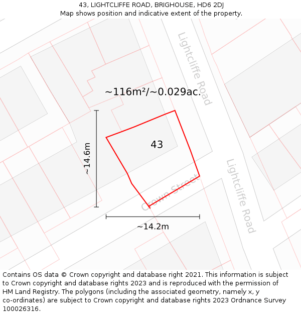 43, LIGHTCLIFFE ROAD, BRIGHOUSE, HD6 2DJ: Plot and title map