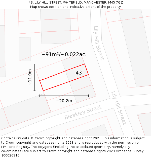 43, LILY HILL STREET, WHITEFIELD, MANCHESTER, M45 7GZ: Plot and title map