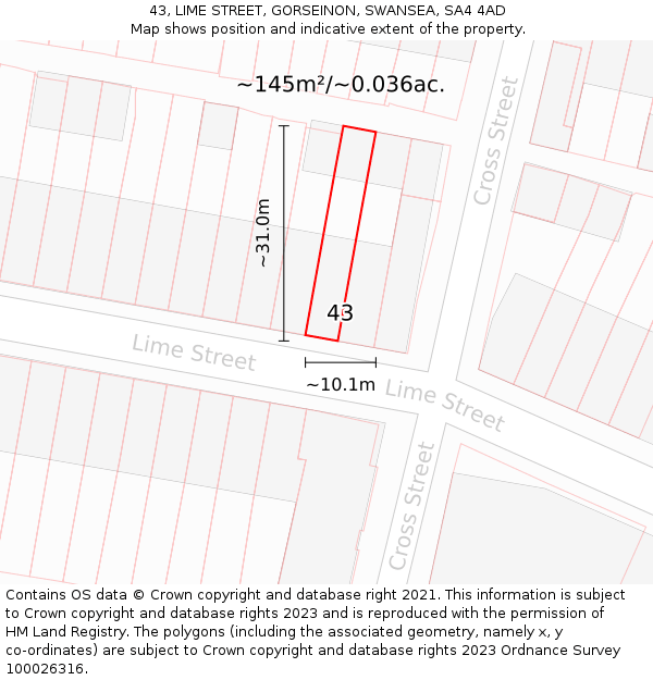 43, LIME STREET, GORSEINON, SWANSEA, SA4 4AD: Plot and title map