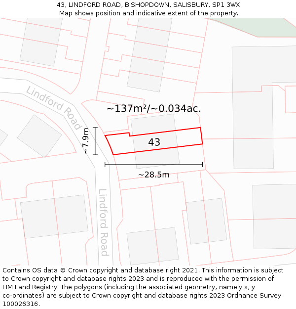 43, LINDFORD ROAD, BISHOPDOWN, SALISBURY, SP1 3WX: Plot and title map