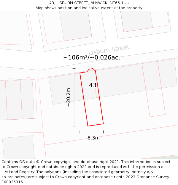 43, LISBURN STREET, ALNWICK, NE66 1UU: Plot and title map