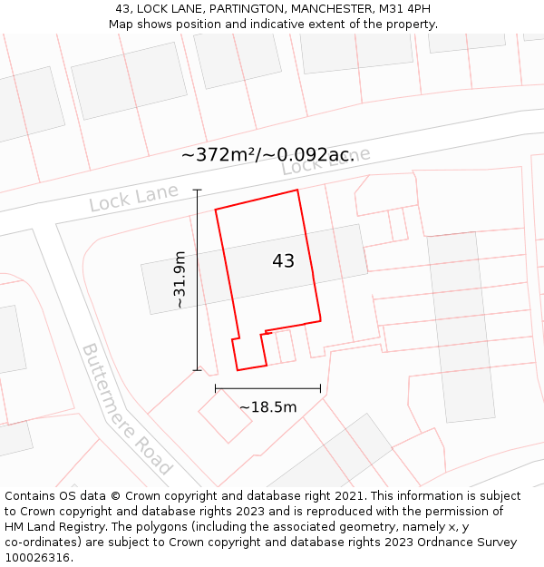 43, LOCK LANE, PARTINGTON, MANCHESTER, M31 4PH: Plot and title map