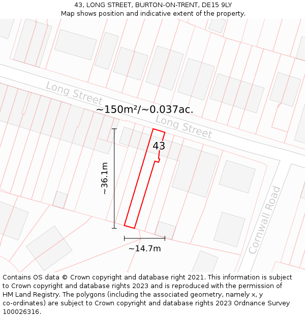 43, LONG STREET, BURTON-ON-TRENT, DE15 9LY: Plot and title map