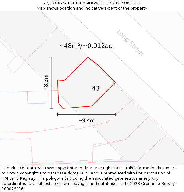 43, LONG STREET, EASINGWOLD, YORK, YO61 3HU: Plot and title map