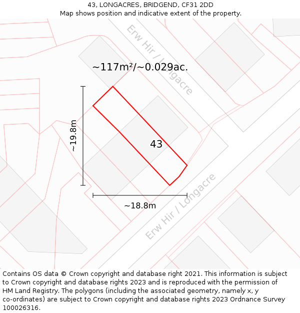 43, LONGACRES, BRIDGEND, CF31 2DD: Plot and title map