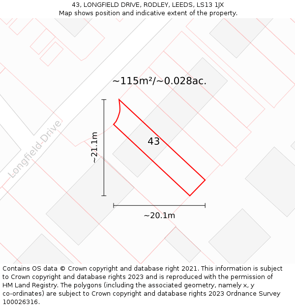 43, LONGFIELD DRIVE, RODLEY, LEEDS, LS13 1JX: Plot and title map