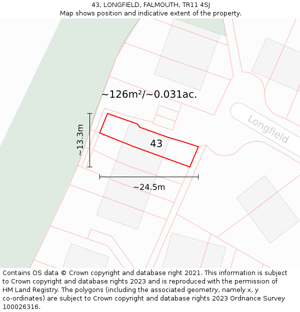 43, LONGFIELD, FALMOUTH, TR11 4SJ: Plot and title map